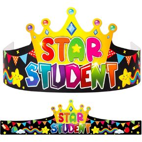WaaHome Star Student Crowns 24pcs نجمة الأسبوع التيجان الورقية القبعات الزينة، قابل للتعديل نجمة الطلاب ورقة قبعات القبعات التيجان لرياض الأطفال مرحلة ما قبل المدرسة الابتدائية الفصول الدراسية جوائز المكافآت ل