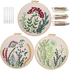 Embroidery Kit for Beginners 3 Pack, DIY Craft Embroidery Kit with Embroidery Thread Imitation Bamboo Embroidery Hoop Embroidery Needles, Floral Patterns Embroidery Supplies Needlepoint Kits (Flower)