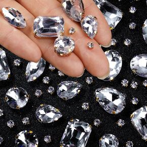 WILLBOND 156 Pcs Sew on Rhinestones Claw Flatback Crystal Rhinestones Metal Prong Setting Gems Acrylic Glass Sewing Gems for Clothes DIY Craft Shoes Dress Jewelry Making(White)