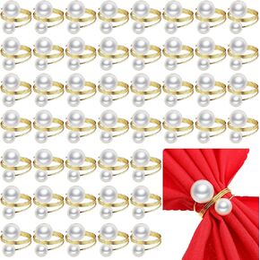Sliner 50 Pcs Pearl Napkin Rings Set Gold Napkin Ring Holders Delicate Serviette Ring Buckle for Wedding Thanksgiving Christmas Family Gathering Birthday Banquet Party Table Supplies