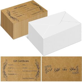 Tatuo 60 Pcs Blank Gift Certificates with Envelopes Gift Certificate Cards for Business Kraft Gift Voucher for Beauty Salon Spa Restaurant Birthday Client Supplies, 3.5 x 5.5 Inches(Kraft Color)
