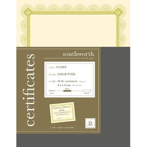 شهادات Southworth CTP2W Premium، بيضاء، حدود من رقائق الفضة Spiro، 66 رطل، 8,5 × 11، 15/عبوة