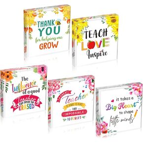 5 PcsTeacher Appreciation Gifts Thank You Teacher Graduation Gifts Acrylic Decor for Teacher Professor Funny Birthday Party Inspirational Quotes Keepsake Paperweight for Room Home Office Table Shelf