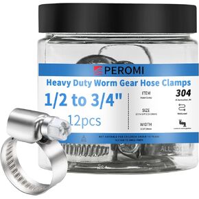 Hose Clamps, PEROMI 304 Stainless Steel Worm Gear Drive Mini Hose Clamp Adjustable Range 1/2" to 3/4", Heavy Duty Metal Fuel Line Pipe Clamp for Plumbing, Automotive And Mechanical,12pcs