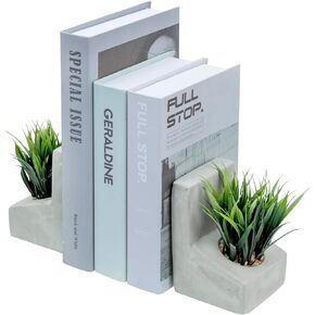 MyGift L-Shaped Concrete Decorative Bookends for Heavy Books with Planted Artificial Succulent Plants, Desktop Book Stands, 1 Pair