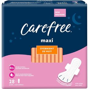 Carefree Maxi Pads, Overnight Pads With Wings, 28ct (Pack of 1)