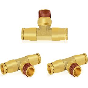 1/4" DOT Air Line Quick Connect Fittings, 3PCS Brass Push to Connect Fittings 1/4" Tube OD × 1/4" NPT Air Brake Fittings Tee Union to Male Pipe Swivel for Truck Trailers Air Brake System