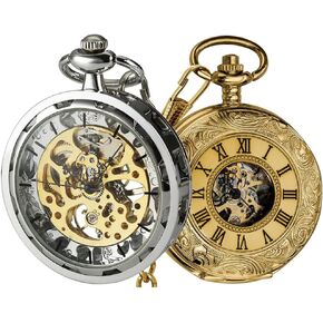 VIGOROSO Mens Classic Steampunk Pocket Watch Silver Skeleton Hand Wind Mechanical Watches Mens Pocket Watch with Chain Half Hunter Double Cover Skeleton Mechanical Watches Gold Roman Numeral