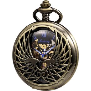 TREEWETO Men's Women's Pocket Watch Mechanical Skeleton Eagle Wings Double Hollow Case Roman Numeral with Chain Gift Box