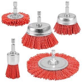 Baisiky 5 Pack Nylon Filament Abrasive Wire Brush Wheel & Cup Brush Set with 1/4 Inch Hex Shank, Coarse Sanding Scuffing Brush for Removal of Rust/Corrosion/Paint