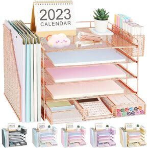 Gugsey Desk Organizer with File Holder, 5-tier Paper Letter Tray File Organizer with Drawer and Pen Holder, Metal Classroom Organization Office Accessories for School Office Supplies(Purple)