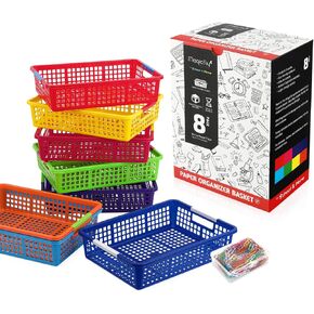سلة تنظيم الورق من ماجيك فلاي، عبوة مكونة من 8 قطع، صناديق بلاستيكية ملونة بمقابض، حامل ملفات مكتب الفصل الدراسي، صواني تنظيم السلال البلاستيكية مع مشابك ورقية للوازم المدرسية والأدراج والمكاتب in Kuwait