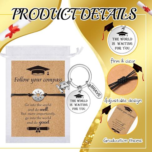 Junkin 20 Pack Graduation Bracelet Gift for Her Him Graduation Keychain Class of 2024 Student Compass Bracelet College School(Going Places, Going Places) in Saudi Arabia