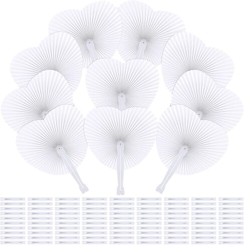 Aodaer 100 Pack Heart Shaped Folding Fans White Paper Fans Handheld Fans with Plastic Handles for Party, Wedding, Anniversary Decoration in Saudi Arabia