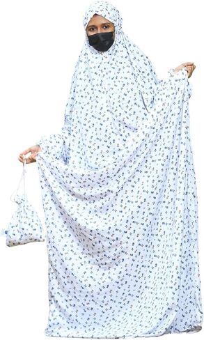 SAWB Islamic Prayer Dress for Women- Free Size, Muslim Dress with Hijab, Jilbab/Niskarakuppayam/Namaz Khimar/Prayer Clothes Niqab Khimar, Islamic Premium Prayer Clothes, White with Blue florals color in Saudi Arabia