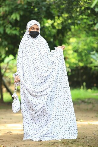 SAWB Islamic Prayer Dress for Women- Free Size, Muslim Dress with Hijab, Jilbab/Niskarakuppayam/Namaz Khimar/Prayer Clothes Niqab Khimar, Islamic Premium Prayer Clothes, White with Blue florals color in Saudi Arabia