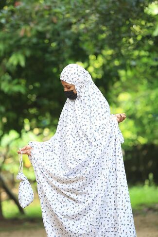 SAWB Islamic Prayer Dress for Women- Free Size, Muslim Dress with Hijab, Jilbab/Niskarakuppayam/Namaz Khimar/Prayer Clothes Niqab Khimar, Islamic Premium Prayer Clothes, White with Blue florals color in Saudi Arabia