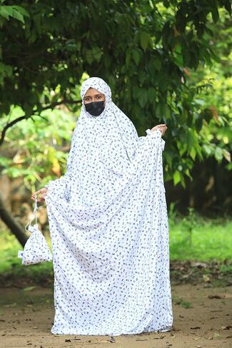 SAWB Islamic Prayer Dress for Women- Free Size, Muslim Dress with Hijab, Jilbab/Niskarakuppayam/Namaz Khimar/Prayer Clothes Niqab Khimar, Islamic Premium Prayer Clothes, White with Blue florals color in Saudi Arabia