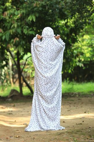 SAWB Islamic Prayer Dress for Women- Free Size, Muslim Dress with Hijab, Jilbab/Niskarakuppayam/Namaz Khimar/Prayer Clothes Niqab Khimar, Islamic Premium Prayer Clothes, White with Blue florals color in Saudi Arabia