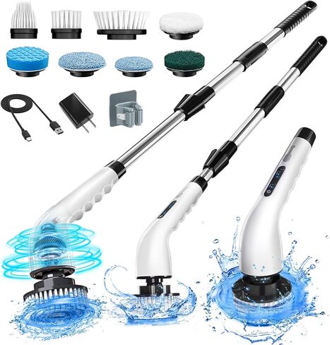 Electric Spin Scrubber, Shower Scrubber Cordless Cleaning Brush with 8 Replaceable Brush Heads and Squeegee，Adjustable Extension Handle 2 Speeds Electric Cleaning Brush for Bathroom, Tub, Tile，Kitchen in Saudi Arabia
