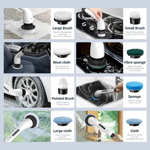 Electric Spin Scrubber, Shower Scrubber Cordless Cleaning Brush with 8 Replaceable Brush Heads and Squeegee，Adjustable Extension Handle 2 Speeds Electric Cleaning Brush for Bathroom, Tub, Tile，Kitchen in Saudi Arabia