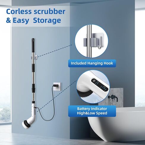Electric Spin Scrubber, Shower Scrubber Cordless Cleaning Brush with 8 Replaceable Brush Heads and Squeegee，Adjustable Extension Handle 2 Speeds Electric Cleaning Brush for Bathroom, Tub, Tile，Kitchen in Saudi Arabia