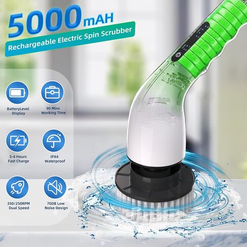 Electric Spin Scrubber, Shower Scrubber Cordless Cleaning Brush with 8 Replaceable Brush Heads and Squeegee，Adjustable Extension Handle 2 Speeds Electric Cleaning Brush for Bathroom, Tub, Tile，Kitchen in Saudi Arabia