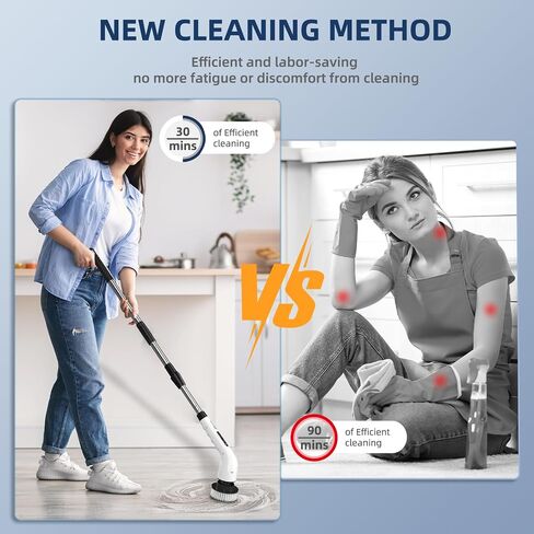 Electric Spin Scrubber, Shower Scrubber Cordless Cleaning Brush with 8 Replaceable Brush Heads and Squeegee，Adjustable Extension Handle 2 Speeds Electric Cleaning Brush for Bathroom, Tub, Tile，Kitchen in Saudi Arabia