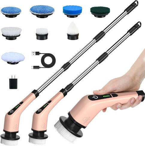 فرشاة تنظيف دوارة كهربائية من ليبين، فرشاة تنظيف لاسلكية مع 8 رؤوس فرشاة قابلة للاستبدال، حوض وبلاط الأرضيات 360 درجة سرعة مزدوجة مع مقبض قابل للتعديل والفصل لسيارة الحمام والمطبخ in Kuwait