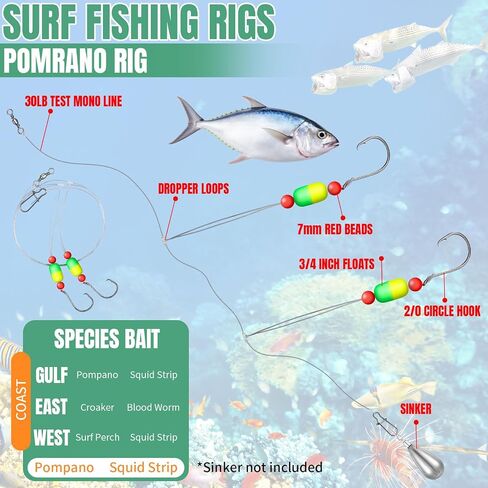 JellyArch 12 Pcs Pompano Rigs for Surf Fishing Offshore Surf Fishing Rigs Saltwater Gear Surf Fishing Tackle with 2/0 Circle Hooks Double Circle Swivels Duo Lock Snaps in Saudi Arabia