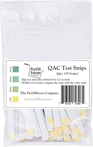 FryOilSaver Co، شرائط اختبار QAC، شرائط اختبار مطهر الأمونيوم الرباعي للمطاعم، 0-400 جزء في المليون، شرائط متعددة الكوات لخدمة الطعام، شرائط مطهر الأمونيا الرباعية، FMP 142-1363، حزمة من 100 in Kuwait