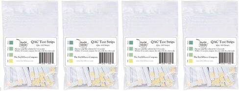 FryOilSaver Co، شرائط اختبار QAC، شرائط اختبار مطهر الأمونيوم الرباعي للمطاعم، 0-400 جزء في المليون، شرائط متعددة الكوات لخدمة الطعام، شرائط مطهر الأمونيا الرباعية، FMP 142-1363، حزمة من 100 in Kuwait