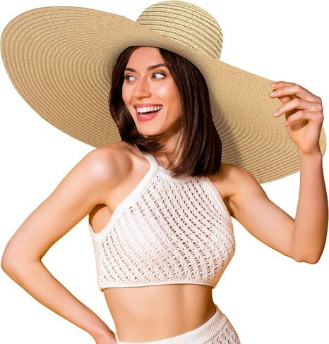Oversized Sun Straw Hat for Women, UPF 50+ Floppy Wide Brim Summer Hat, Foldable Roll Up Travel Hat Beach Hats for Women in Kuwait