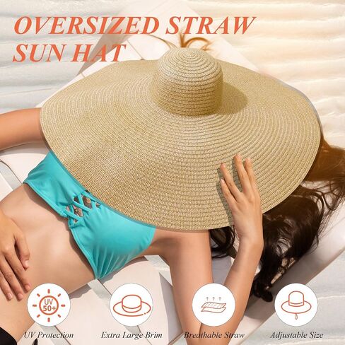Oversized Sun Straw Hat for Women, UPF 50+ Floppy Wide Brim Summer Hat, Foldable Roll Up Travel Hat Beach Hats for Women in Kuwait