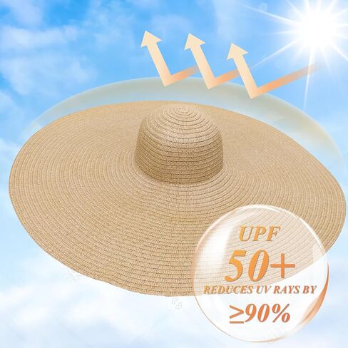 Oversized Sun Straw Hat for Women, UPF 50+ Floppy Wide Brim Summer Hat, Foldable Roll Up Travel Hat Beach Hats for Women in Kuwait