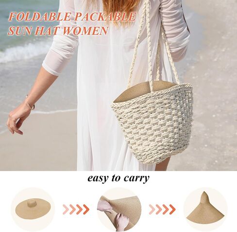 Oversized Sun Straw Hat for Women, UPF 50+ Floppy Wide Brim Summer Hat, Foldable Roll Up Travel Hat Beach Hats for Women in Kuwait
