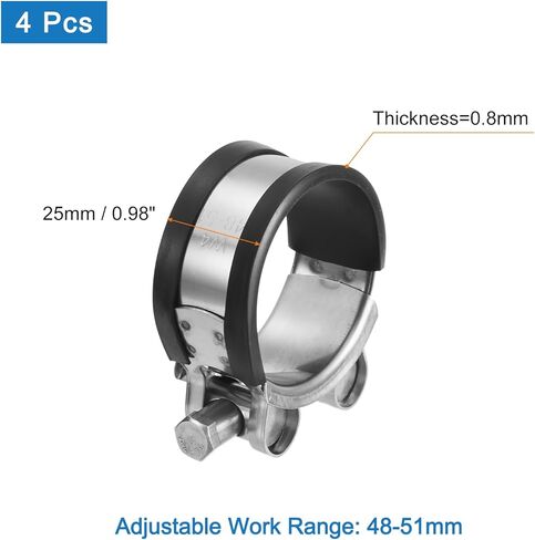 uxcell T-Bolt Hose Clamp, 4Pcs 48-51mm Adjustable Stainless Steel Rubber Cushioned Intake Intercooler Pipe Clamps Hose Clip for Industrial in Kuwait