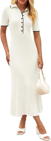 MEROKEETY Women's V Neck Ribbed Knit Maxi Dress Button Short Sleeve Slim Fit Bodycon Sweater Dress in Saudi Arabia