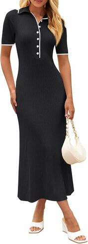 MEROKEETY Women's V Neck Ribbed Knit Maxi Dress Button Short Sleeve Slim Fit Bodycon Sweater Dress in Saudi Arabia
