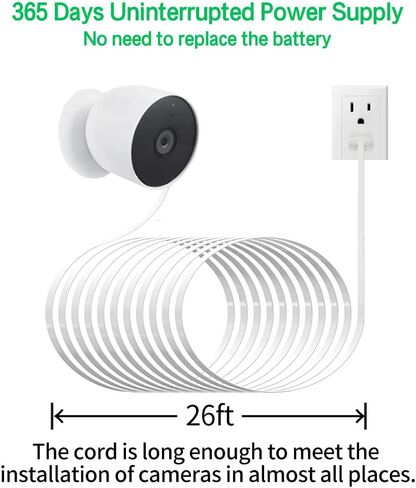 JJMASEE 26FT 2 حزمة محول الطاقة وكابل لكاميرا Google Nest (البطارية) في الهواء الطلق أو في الداخل، سلك طاقة شحن مقاوم للطقس وشاحن لكاميرا Nest (البطارية) in Kuwait