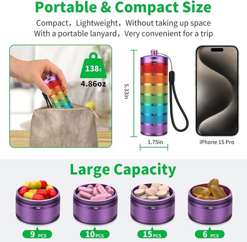 Metal Travel Pill Organizer, Waterproof Weekly Pill Box, Large Aluminum Alloy Portable Pill Case Container, BPA Free 7 Day Daily Medicine Organizer Holder for Vitamin, Supplement, Fish Oil (7 Color) in Saudi Arabia