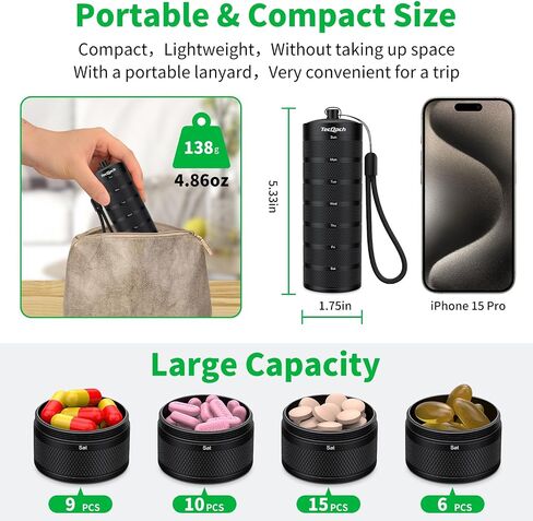 Metal Travel Pill Organizer, Waterproof Weekly Pill Box, Large Aluminum Alloy Portable Pill Case Container, BPA Free 7 Day Daily Medicine Organizer Holder for Vitamin, Supplement, Fish Oil (7 Color) in Saudi Arabia