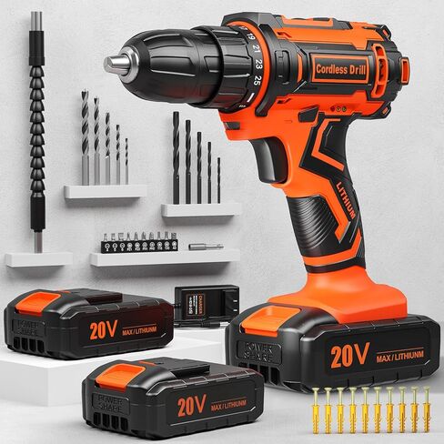 مجموعة مثقاب لاسلكي، VIWKO 20V مثقاب كهربائي لاسلكي مع بطاريتين وشاحن، مثقاب كهربائي تشاك 3/8 بوصة، إعداد عزم دوران 25+1، سرعتان، عزم دوران 370 رطل، 42 قطعة لقم/مسامير حفر للاستخدام بنفسك in Kuwait