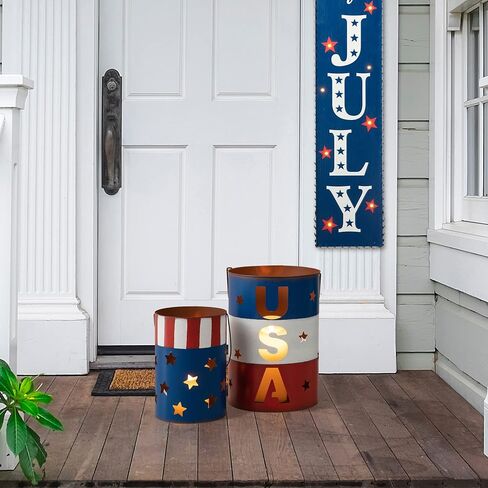 Glitzhome Set of 2 American Metal Decorative Lanterns for Americana Decorations USA Flag Patriotic Table Decor Standing or Hanging Red White and Blue Bucket Lantern Farmhouse 4th of July Memorial Day in Saudi Arabia