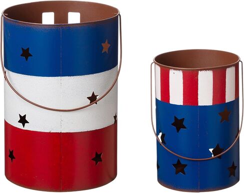 Glitzhome Set of 2 American Metal Decorative Lanterns for Americana Decorations USA Flag Patriotic Table Decor Standing or Hanging Red White and Blue Bucket Lantern Farmhouse 4th of July Memorial Day in Saudi Arabia