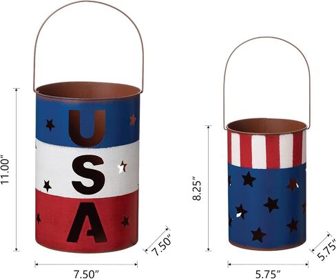 Glitzhome Set of 2 American Metal Decorative Lanterns for Americana Decorations USA Flag Patriotic Table Decor Standing or Hanging Red White and Blue Bucket Lantern Farmhouse 4th of July Memorial Day in Saudi Arabia