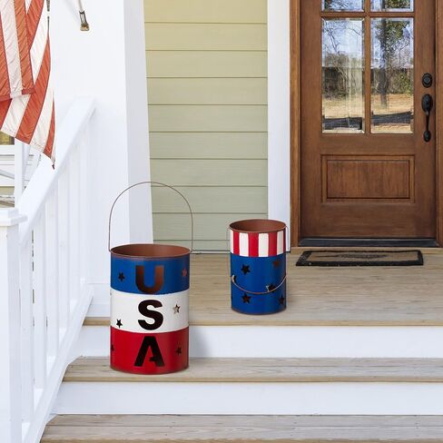 Glitzhome Set of 2 American Metal Decorative Lanterns for Americana Decorations USA Flag Patriotic Table Decor Standing or Hanging Red White and Blue Bucket Lantern Farmhouse 4th of July Memorial Day in Saudi Arabia