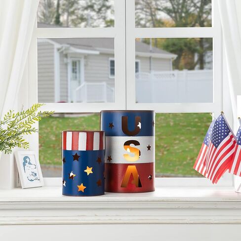 Glitzhome Set of 2 American Metal Decorative Lanterns for Americana Decorations USA Flag Patriotic Table Decor Standing or Hanging Red White and Blue Bucket Lantern Farmhouse 4th of July Memorial Day in Saudi Arabia