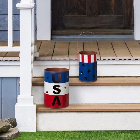 Glitzhome Set of 2 American Metal Decorative Lanterns for Americana Decorations USA Flag Patriotic Table Decor Standing or Hanging Red White and Blue Bucket Lantern Farmhouse 4th of July Memorial Day in Saudi Arabia