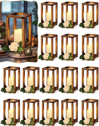 Huquary 32 Pcs Wooden Candle Lantern Bulk Wedding Lantern Centerpiece Includes 16 Farmhouse Wooden Candle Holder and 16 Flameless Decorative LED Candles for Wedding Country Table Decoration in Saudi Arabia